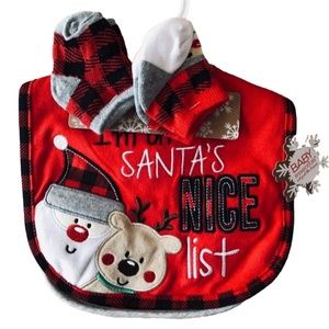 HOLIDAY CHRISTMAS Baby Bibs & Socks 4 PIECE SET Red Black Baby Gift Set
